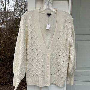 NWT Talbots Gorgeous Cream Argyle Faux Pearl Jeweled V-Neck Cardigan